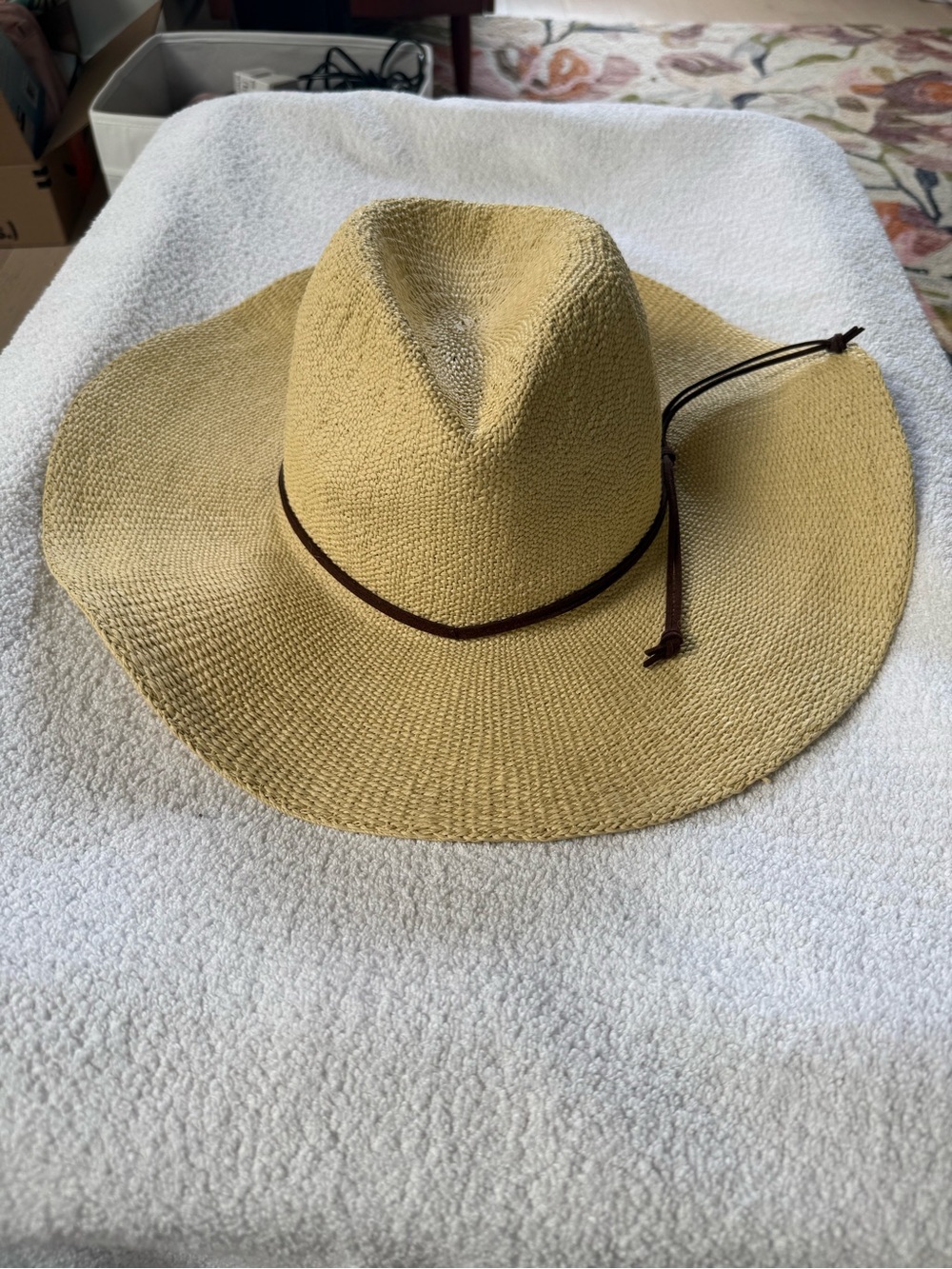 Wide-Brim Straw Sun Hat with Brown Band - Tan